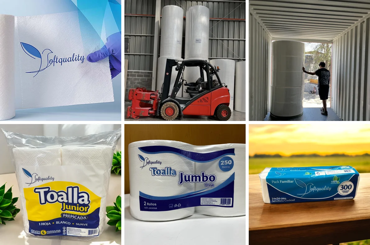 Softquality: toalla de papel con nuestro logo, montacargas, despacho en contenedor y productos Softquality (toallas y servilletas)
